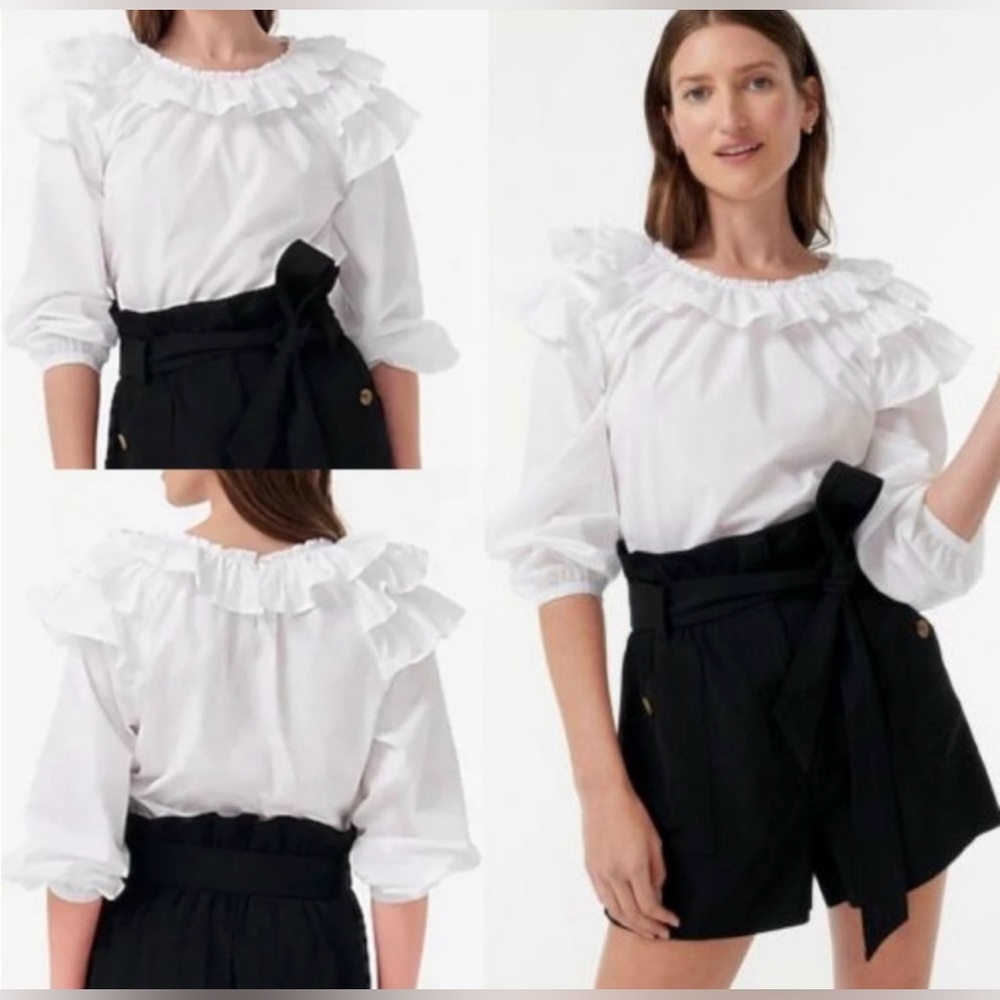 J. Crew 100% Cotton Womens White Ruffled Shoulder Top Neck Blouse Shirt Size XXS